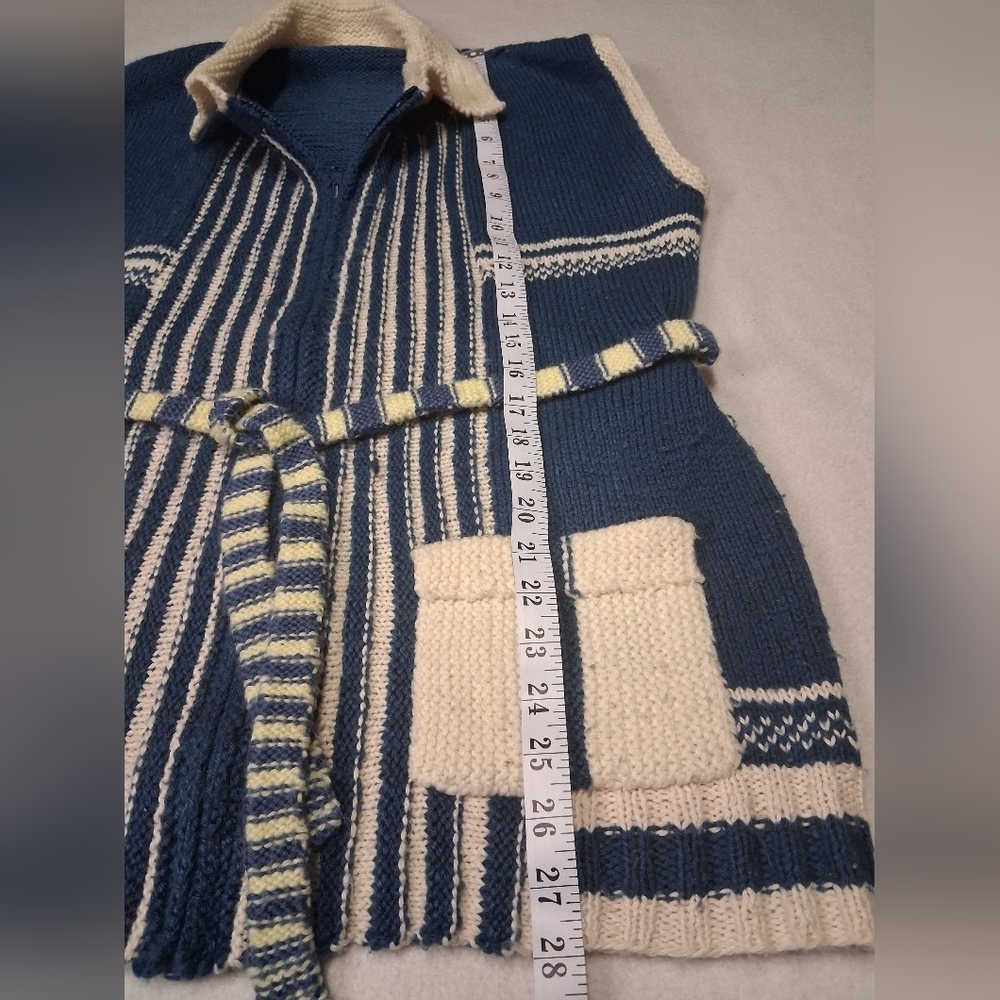 Vintage Handmade Zip Up Blue and Cream Knit Vest with Belt - Picture 6 of 9